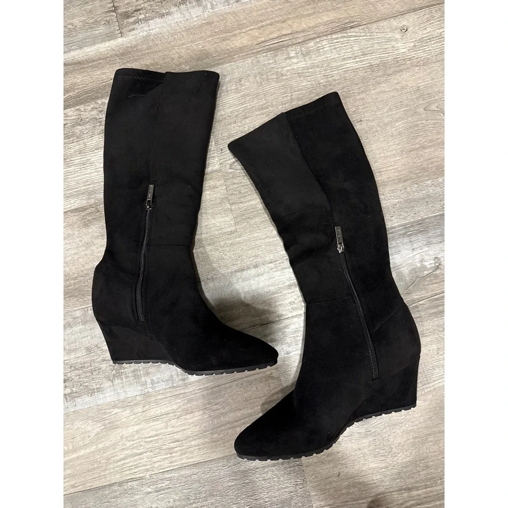 Anne Klein AKKENNEDY Black Suede Wedge Tall Boots Pointed Toe Size 5.5M NWT